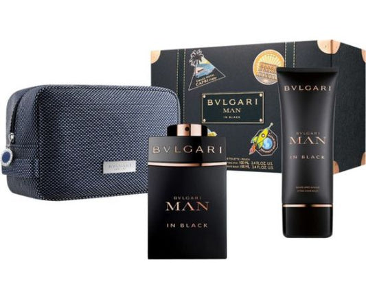 GIFTSET BVLGARI MAN IN BLACK 3 PCS  100ML EDP SPRAY + 100ML ASHAVE BALM + POUCH MENDESIGNERBVLGAR By BVLGARI For MEN